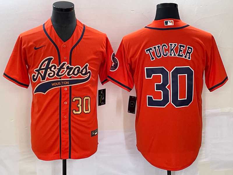 Mens Houston Astros #30 Kyle Tucker Number Orange With Patch Cool Base Stitched Baseball Jersey